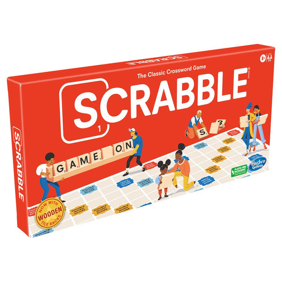 Scrabble board game by Hasbro featuring colorful packaging illustrating people playing the game. The design includes words and the game title prominently displayed, highlighting its classic crossword gameplay.