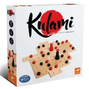 The Kulami game by FoxMind is showcased in its packaging. The box features the title 'Kulami' prominently displayed on the front. The game consists of a wooden board with red and black pieces arranged on it. The design highlights its strategic gameplay suitable for players of all ages. The box also features a Mensa Select winner badge, indicating its quality and appeal.