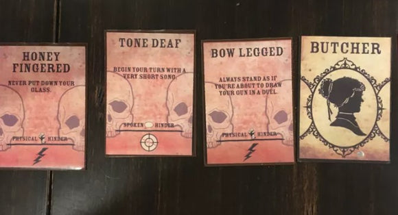 Four character cards from the game Alewood by ALEWOOD GAMES. The cards display unique names and instructions: Honey Fingered, Tone Deaf, Bow Legged, and Butcher, each with playful designs and thematic elements.