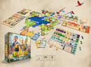 The game 'Brazil: Imperial' by Portal features beautifully illustrated components, including a vibrant game board shaped like Brazil, various cards, tokens, and colorful player pieces. The box prominently displays the title with illustrations of historical figures and rich tropical scenery, evoking the essence of Brazil. The game supports 1-4 players and is recommended for ages 14 and up.