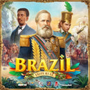 Brazil: Imperial board game cover featuring three prominent figures, a military leader in a blue uniform with a beard, a man in a suit, and a soldier in a gold hat. The background depicts tropical scenes and historical imagery, with 'BRAZIL IMPERIAL' prominently displayed in golden letters.