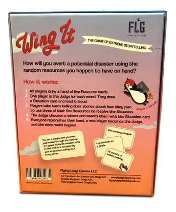 The back of the 'Wing It - 2022 Edition' game box by Flying Leap Games, showcasing colorful illustrations and instructions. The design features a playful theme with quirky characters and describes gameplay mechanics such as drawing Resource cards and a Situation card. It highlights the role of players and judges in averting disasters using creativity and random resources, underlining the game's emphasis on storytelling.