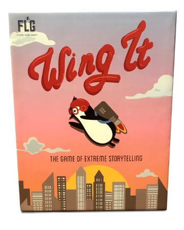 The game 'Wing It - 2022 Edition' by Flying Leap Games features a cartoon penguin wearing glasses and a backpack, set against a colorful sunset over a city skyline. The playful design emphasizes storytelling fun, making it perfect for family and friends.