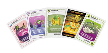 An assortment of colorful game cards from 'Zombie Kittens' by Exploding Kittens, featuring quirky illustrations and humorous text. The cards include 'Dig Deeper', 'Grave Robber', 'Exploding Kitten', and 'Zombie Kitten', showcasing the playful, zombie-themed aesthetic of the game.