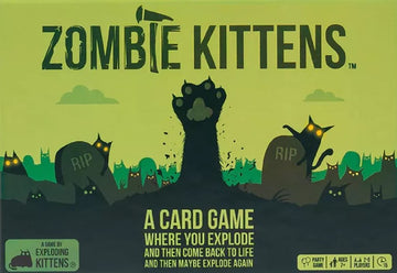 Zombie Kittens card game by Exploding Kittens featuring a whimsical graveyard scene with zombie cats, tombstones, and eerie green colors. The box highlights the tagline, 'A card game where you explode and then come back to life and then maybe explode again,' showcasing its playful and humorous nature.