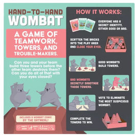 Hand-to-Hand Wombat board game by Exploding Kittens. The image features colorful game components and instructions on teamwork, towers, and secret identities. It shows characters depicted as wombats and outlines gameplay mechanics like building towers, saboteurs, and voting. Includes a comic by the Oatmeal.