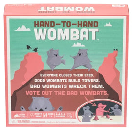 Hand-to-Hand Wombat board game box featuring colorful illustrations of playful wombats. The front highlights game instructions: build towers or wreck them, designed for 3-6 players aged 7 and up.