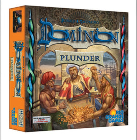 The game box for Dominion: Plunder by Rio Grande. The artwork depicts a scene with three characters dressed in historical attire, engaging in an animated discussion while surrounded by treasure and ships in the background. The title 'Dominion' is prominently featured at the top, with 'Plunder' displayed beneath it.