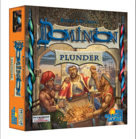 The game box for Dominion: Plunder by Rio Grande. The artwork depicts a scene with three characters dressed in historical attire, engaging in an animated discussion while surrounded by treasure and ships in the background. The title 'Dominion' is prominently featured at the top, with 'Plunder' displayed beneath it.