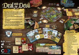 The game 'Deal with the Devil' by Czech Games displayed on a wooden surface. It features a vibrant game board with various player screens, cards, and tokens. The components include a main board, player action cards, and resources for players as they engage in strategic gameplay. The game is designed for four players and has a dark theme, emphasizing hidden roles and resource management.