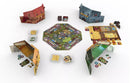 An overhead view of the 'Deal with the Devil' board game by Czech Games. The game features a colorful hexagonal board with various elements including player boards, coins, and tokens arranged around it. Distinct buildings are depicted in the background, adding to the thematic atmosphere of the game.