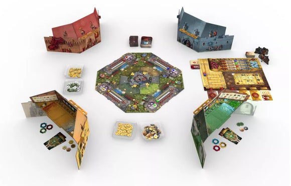 An overhead view of the 'Deal with the Devil' board game by Czech Games. The game features a colorful hexagonal board with various elements including player boards, coins, and tokens arranged around it. Distinct buildings are depicted in the background, adding to the thematic atmosphere of the game.