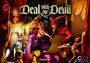 The game 'Deal with the Devil' by Czech Games features an intriguing medieval scene. A regal figure with a crown sits pensively at a table, contemplating a contract presented by a mischievous devil, who appears overly eager. In the background, a cloaked figure resembling a cleric looks on, and a group of whimsical creatures adds a playful touch to the atmosphere.