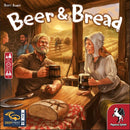 Beer & Bread board game by Capstone featuring two characters enjoying drinks at a rustic table. A loaf of bread and farm tools are visible, set against a countryside backdrop at sunset. The playful theme promotes camaraderie and fun in a farm setting, ideal for 2 players, ages 10 and up. Game duration is approximately 30-45 minutes.