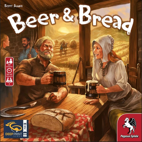 Beer & Bread board game by Capstone featuring two characters enjoying drinks at a rustic table. A loaf of bread and farm tools are visible, set against a countryside backdrop at sunset. The playful theme promotes camaraderie and fun in a farm setting, ideal for 2 players, ages 10 and up. Game duration is approximately 30-45 minutes.