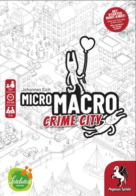 MicroMacro: Crime City board game by Pegasus Spiele, featuring a detailed illustrated map of a city. Players solve mysteries by searching for clues and characters among the playful visuals. Designed for 1-4 players aged 12 and up, with gameplay lasting between 15 and 45 minutes.