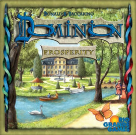 The board game 'Dominion: Prosperity' by Rio Grande Games features a vibrant cover illustration. The artwork depicts a serene landscape with a large mansion surrounded by trees, a river with a boat, and people walking along a path. The title is prominently displayed at the top, with decorative elements and a butterfly at the bottom corner.