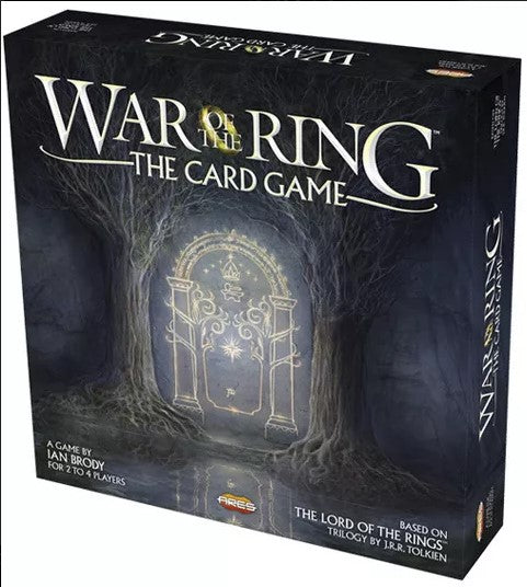 War of the Ring The Card Game by Ares Games. The box features dramatic artwork depicting a mystical doorway in a dark forest, suggesting adventure and strategy. It is designed for 2 to 4 players and is inspired by J.R.R. Tolkien's epic trilogy.