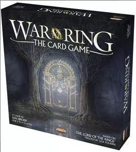 War of the Ring The Card Game by Ares Games. The box features dramatic artwork depicting a mystical doorway in a dark forest, suggesting adventure and strategy. It is designed for 2 to 4 players and is inspired by J.R.R. Tolkien's epic trilogy.