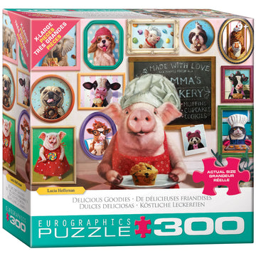 The Eurographics 'Delicious Goodies' jigsaw puzzle features a charming illustration of a pig in a chef's hat holding a muffin, surrounded by framed portraits of animals in culinary attire. The colorful and whimsical design showcases a bakery theme with playful elements like lollipops, cookies, and fun animal characters, perfect for puzzle lovers seeking a delightful challenge.