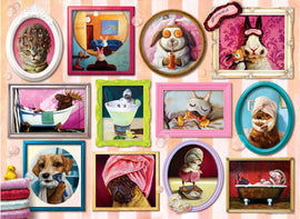 A vibrant jigsaw puzzle titled 'A Day at the Spa' by Eurographics, featuring whimsical animal portraits in various settings. Cats, rabbits, and dogs are depicted with playful expressions, adorned with spa accessories like towels and masks, showcasing a fun and relaxing theme. The background is a soft, pastel color with bubbles, enhancing the peaceful ambiance.