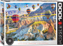 A vibrant jigsaw puzzle featuring breathtaking air balloons floating over the unique rock formations of Cappadocia, Turkey. The puzzle showcases an array of colorful hot air balloons set against a stunning backdrop of hills and valleys, inviting enthusiasts to piece together this picturesque scene. Made by Eurographics, this 1000-piece jigsaw puzzle is perfect for puzzle lovers and travelers alike.