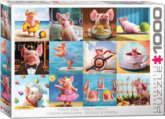 Funny Pigs jigsaw puzzle by Eurographics featuring a whimsical collection of illustrations of pigs in entertaining poses, such as swimming, eating, and dressed in funny outfits. Designed to captivate and amuse puzzle enthusiasts.