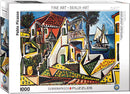 Eurographics jigsaw puzzle featuring a Mediterranean landscape inspired by Pablo Picasso's art. This 1000-piece puzzle showcases vibrant colors, charming architecture, and serene coastal views, perfect for art lovers and puzzle enthusiasts.