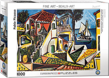 Eurographics jigsaw puzzle featuring a Mediterranean landscape inspired by Pablo Picasso's art. This 1000-piece puzzle showcases vibrant colors, charming architecture, and serene coastal views, perfect for art lovers and puzzle enthusiasts.