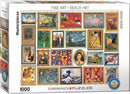 Masterpieces jigsaw puzzle by Eurographics, featuring a collection of famous artworks displayed in ornate frames. The puzzle contains 1000 pieces and showcases iconic works like the Mona Lisa and Starry Night, perfect for art lovers and puzzle enthusiasts.