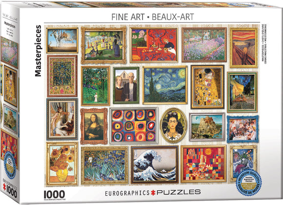 Masterpieces jigsaw puzzle by Eurographics, featuring a collection of famous artworks displayed in ornate frames. The puzzle contains 1000 pieces and showcases iconic works like the Mona Lisa and Starry Night, perfect for art lovers and puzzle enthusiasts.