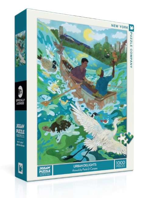 Urban Delights jigsaw puzzle by New York Puzzle Company featuring vibrant artwork by Pablo D. Campos. The puzzle depicts two individuals in a boat amidst a lively scene with various elements of nature and urban landscapes, consisting of 1000 pieces.