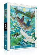 Urban Delights jigsaw puzzle by New York Puzzle Company featuring vibrant artwork by Pablo D. Campos. The puzzle depicts two individuals in a boat amidst a lively scene with various elements of nature and urban landscapes, consisting of 1000 pieces.