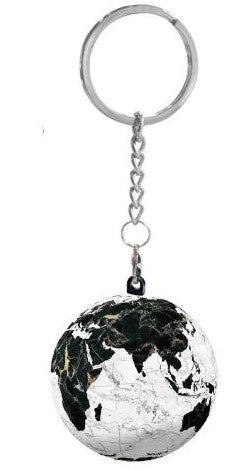 A stylish keychain featuring a jigsaw puzzle designed to resemble a marble Earth globe. The detailed globe design showcases intricate black and white continent patterns, hanging from a sturdy silver chain and ring. Ideal for puzzle enthusiasts and those who appreciate unique accessories, it combines functionality with artistic flair.