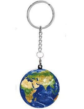 A colorful Resplendent Earth Puzzle Keychain featuring a detailed, miniature globe design. The keychain is attached to a silver keyring and chain, showcasing various continents and oceans vividly.