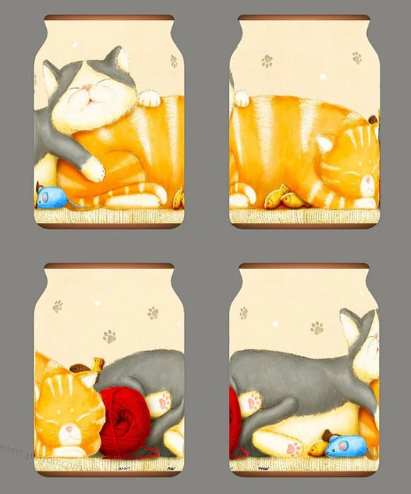 A colorful 3D jigsaw puzzle jar featuring cute, sleeping cats. The design captures two cuddling cats surrounded by playful toys and a ball of yarn. The artwork is vibrant and charming, showcasing a cozy, whimsical scene.