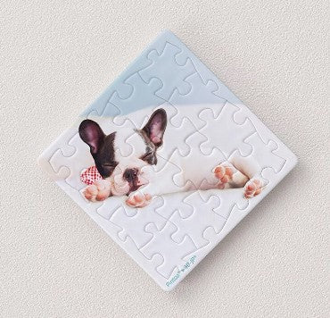 A 16-piece jigsaw puzzle featuring a cute sleeping puppy with a red checkered bow. The pieces are magnetized and fit together snugly, showcasing a serene pet portrait against a soft, light background.