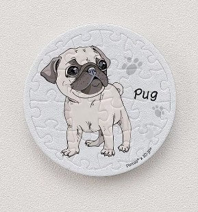 A circular jigsaw puzzle featuring a cute pug illustration on a light background, with the word 'pug' printed beside the dog. The puzzle consists of 16 magnetic pieces, making it easy to assemble and display.