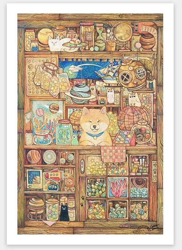 A colorful jigsaw puzzle featuring a whimsical illustration of Shiba Inu surrounded by various grocery items, jars, and curiosities on a wooden shelf. The scene captures a charming and playful atmosphere with detailed textures and vibrant colors, perfect for puzzle enthusiasts and dog lovers alike.