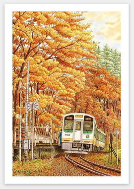 A vibrant jigsaw puzzle featuring a scenic illustration by Tadashi Matsumoto, showcasing an autumn landscape with a train traveling through golden-hued trees. The artwork captures the serene beauty of autumn foliage, creating an inviting puzzle experience for enthusiasts.