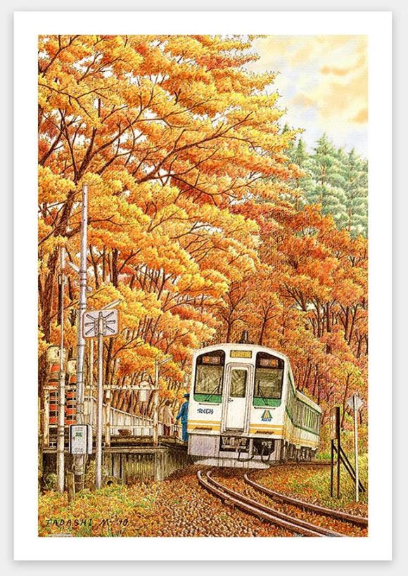 A vibrant jigsaw puzzle featuring a scenic illustration by Tadashi Matsumoto, showcasing an autumn landscape with a train traveling through golden-hued trees. The artwork captures the serene beauty of autumn foliage, creating an inviting puzzle experience for enthusiasts.
