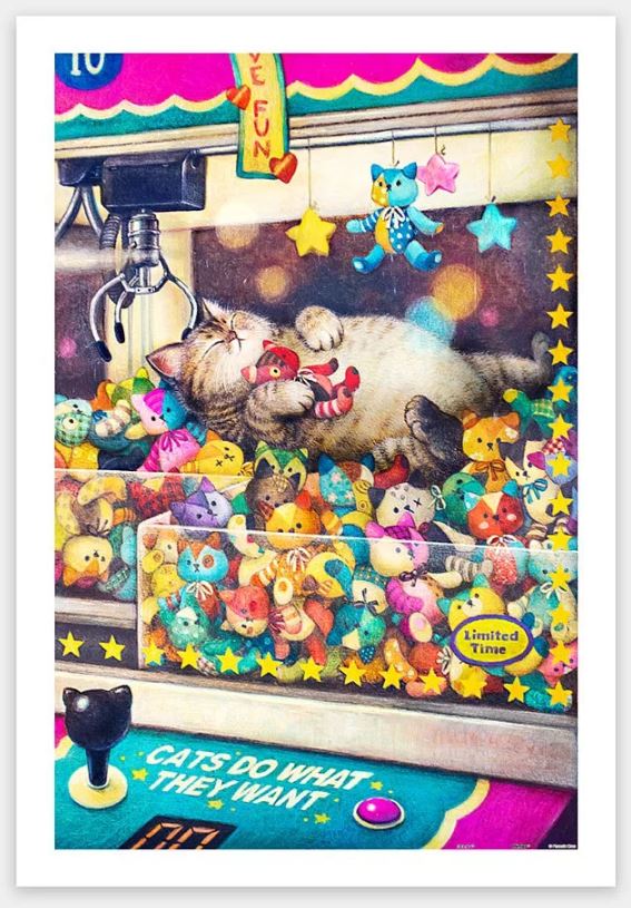 A colorful jigsaw puzzle depicting a playful scene of a cat lounging in a claw machine filled with various cute plush toys. The cat hugs a red toy, while the claw machine backdrop features vibrant stars and a playful message 'CATS DO WHAT THEY WANT'. The puzzle captures a whimsical vibe, making it a fun and engaging jigsaw challenge.