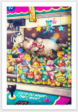 A colorful jigsaw puzzle depicting a playful scene of a cat lounging in a claw machine filled with various cute plush toys. The cat hugs a red toy, while the claw machine backdrop features vibrant stars and a playful message 'CATS DO WHAT THEY WANT'. The puzzle captures a whimsical vibe, making it a fun and engaging jigsaw challenge.