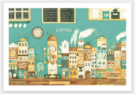 A colorful jigsaw puzzle featuring an artistic illustration of a quaint cafe shop. The image showcases a vibrant street scene with various buildings, coffee signage, and decorative elements like trees, coffee pots, and a clock. The backdrop is a bright turquoise color, enhancing the lively atmosphere of the cafe.