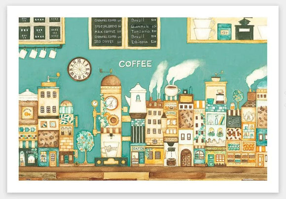 A colorful jigsaw puzzle featuring an artistic illustration of a quaint cafe shop. The image showcases a vibrant street scene with various buildings, coffee signage, and decorative elements like trees, coffee pots, and a clock. The backdrop is a bright turquoise color, enhancing the lively atmosphere of the cafe.