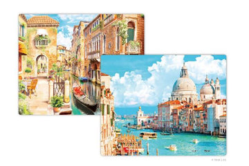 A vibrant double-sided jigsaw puzzle featuring picturesque scenes of Venice. One side depicts a charming canal lined with historical buildings and lush greenery, while the other showcases the iconic Santa Maria della Salute. The puzzle consists of 80 pieces, perfect for adults and older children to enjoy a relaxing, engaging experience.