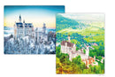 Pintoo Neuschwanstein Castle 80-piece double-sided jigsaw puzzle showcasing two stunning views of the castle. One side features a winter scene with snow-covered mountains and the castle, while the other displays a vibrant summer landscape surrounded by greenery and hills.
