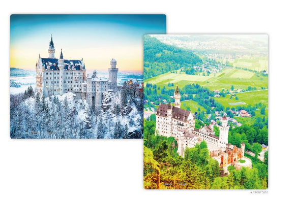 Pintoo Neuschwanstein Castle 80-piece double-sided jigsaw puzzle showcasing two stunning views of the castle. One side features a winter scene with snow-covered mountains and the castle, while the other displays a vibrant summer landscape surrounded by greenery and hills.