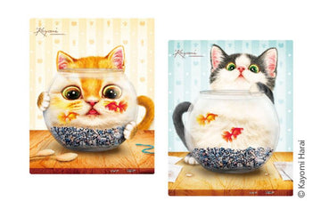 A colorful jigsaw puzzle set featuring two adorable kittens in fish bowls. The left puzzle shows an orange tabby cat with wide eyes and fish swimming in the bowl. The right puzzle depicts a black and white kitten, also staring curiously at fish. Both pieces have vibrant backgrounds and are designed by Kayomi.