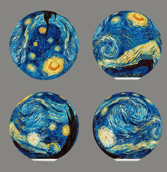 Van Gogh's 'Starry Night' 3D jigsaw puzzle light featuring vibrant swirling blues, yellows, and textures of the iconic painting. The puzzle is designed in circular pieces, showcasing various sections of the artwork, perfect for art lovers and puzzle enthusiasts alike.